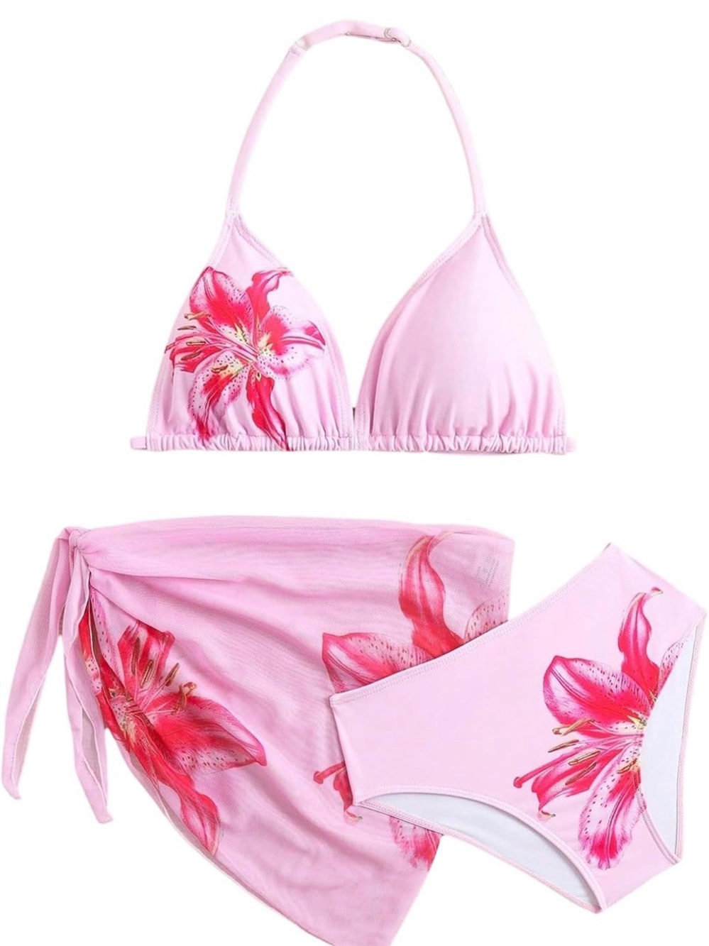 Pink Floral Triangle Bikini Set with Sarong Teen Size 14